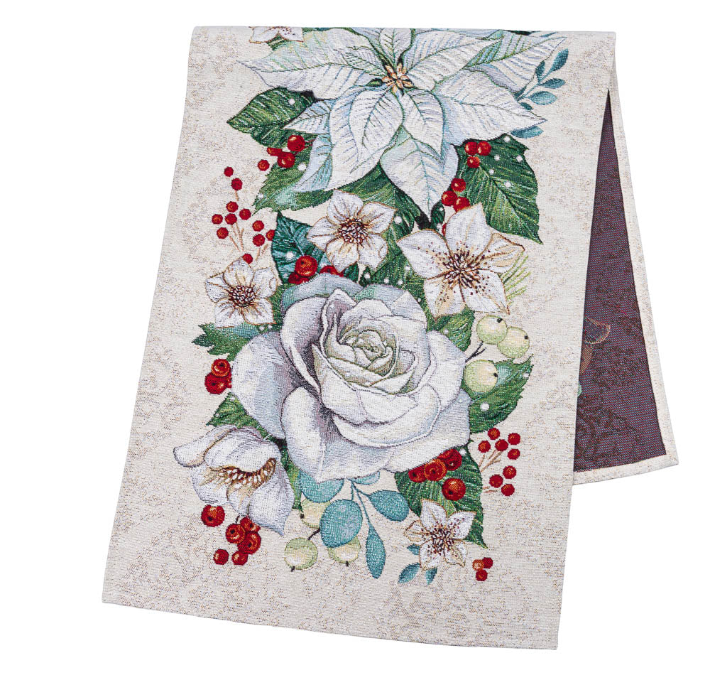 Christmas Tapestry Table runner «Christmas Flower» with silver thread Limaso Textile