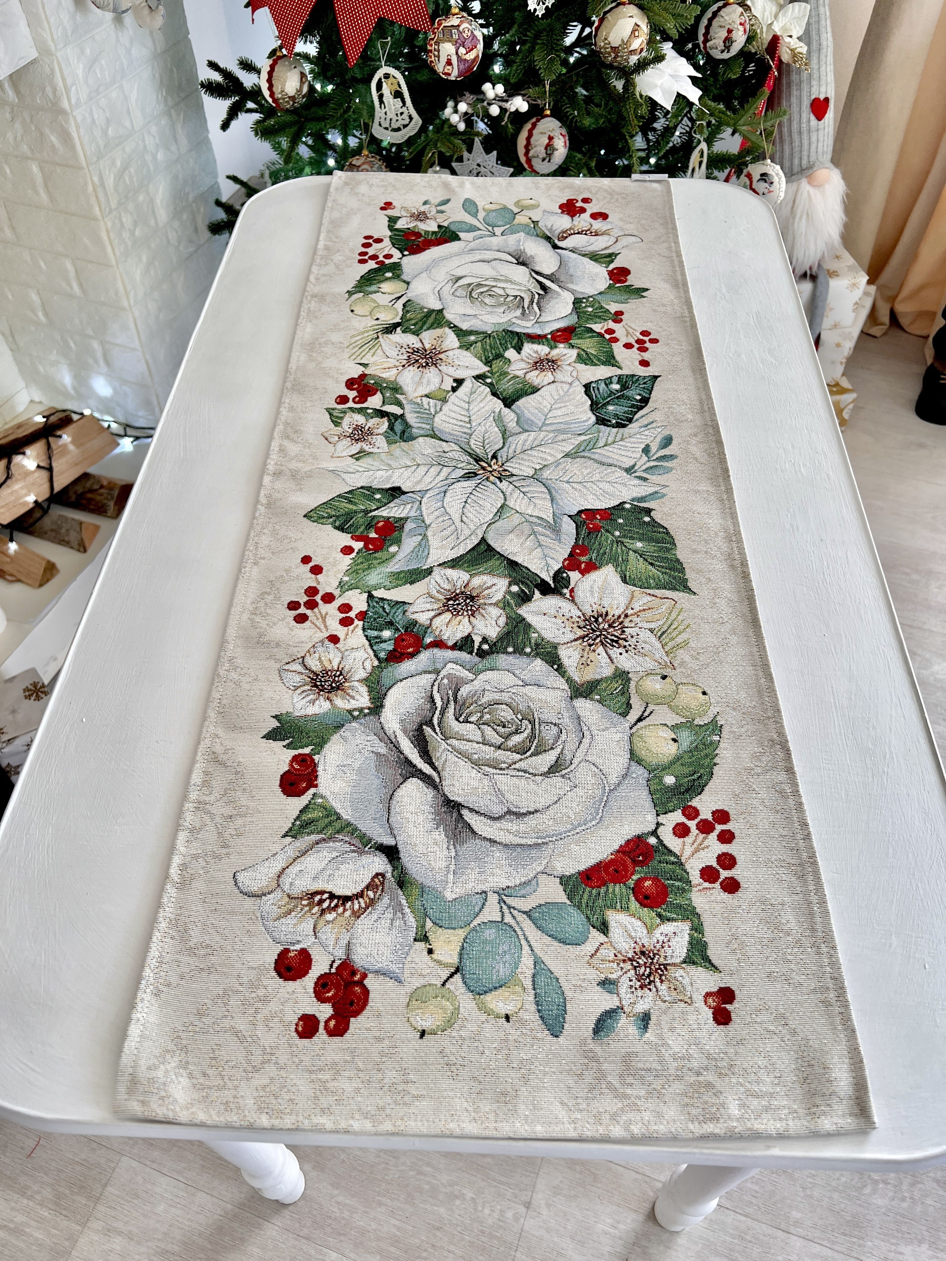 Christmas Tapestry Table runner «Christmas Flower» with silver thread Limaso Textile
