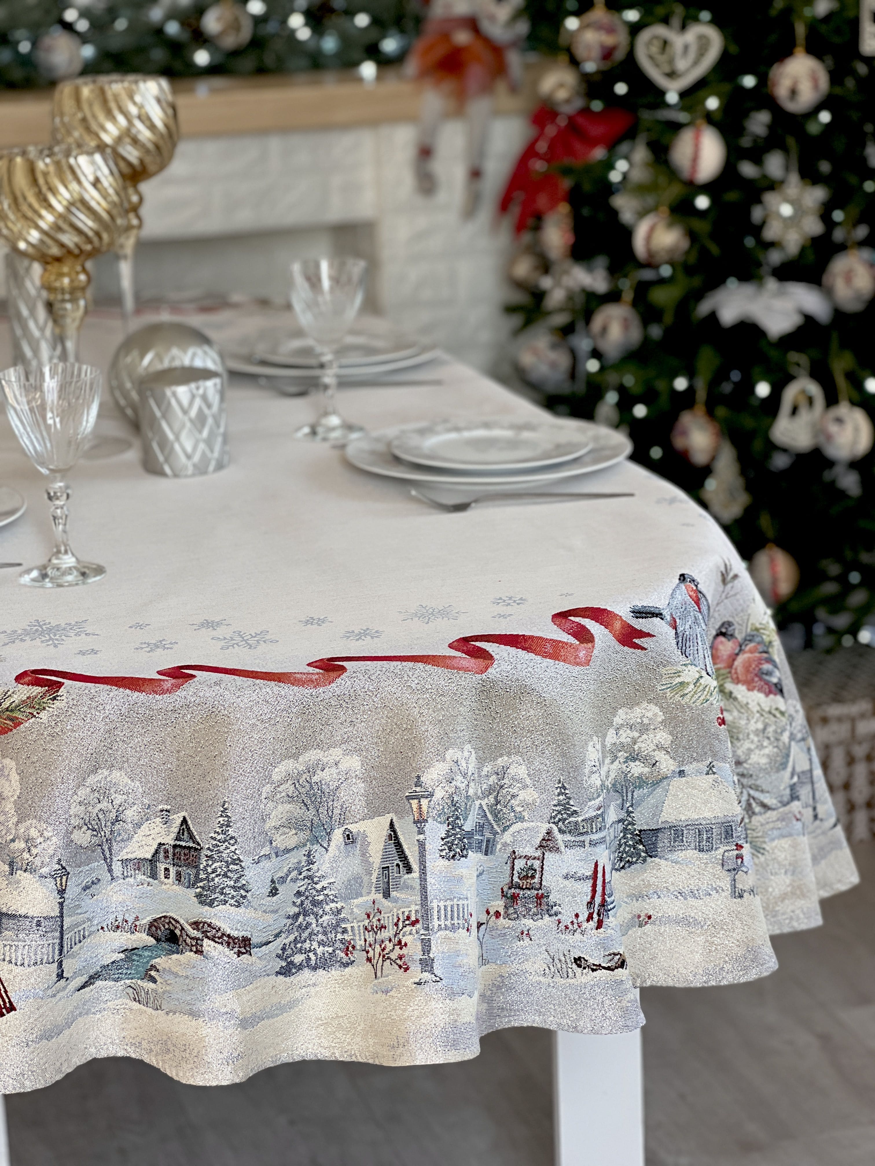 Christmas tapestry oval tablecloth «Christmas News» with silver thread Limaso Textile