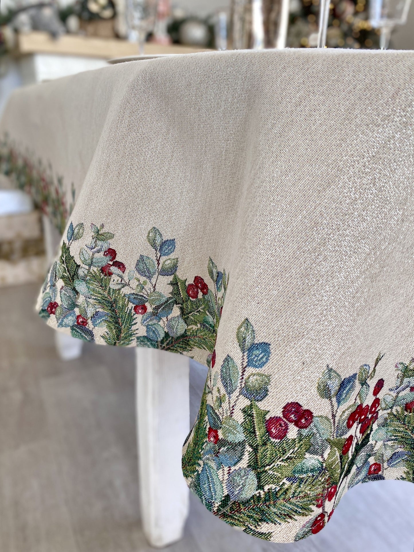 Christmas Tablecloth «Holly & Ivy Charm» with Silver Lurex - Luxury Tapestry