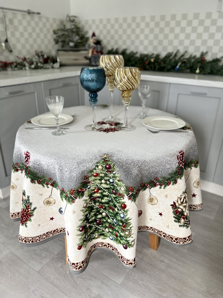Round Christmas tapestry tablecloth «Christmas tree» With microfibre