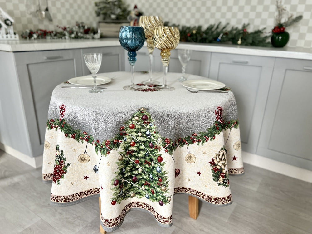 Round Christmas tapestry tablecloth «Christmas tree» With microfibre