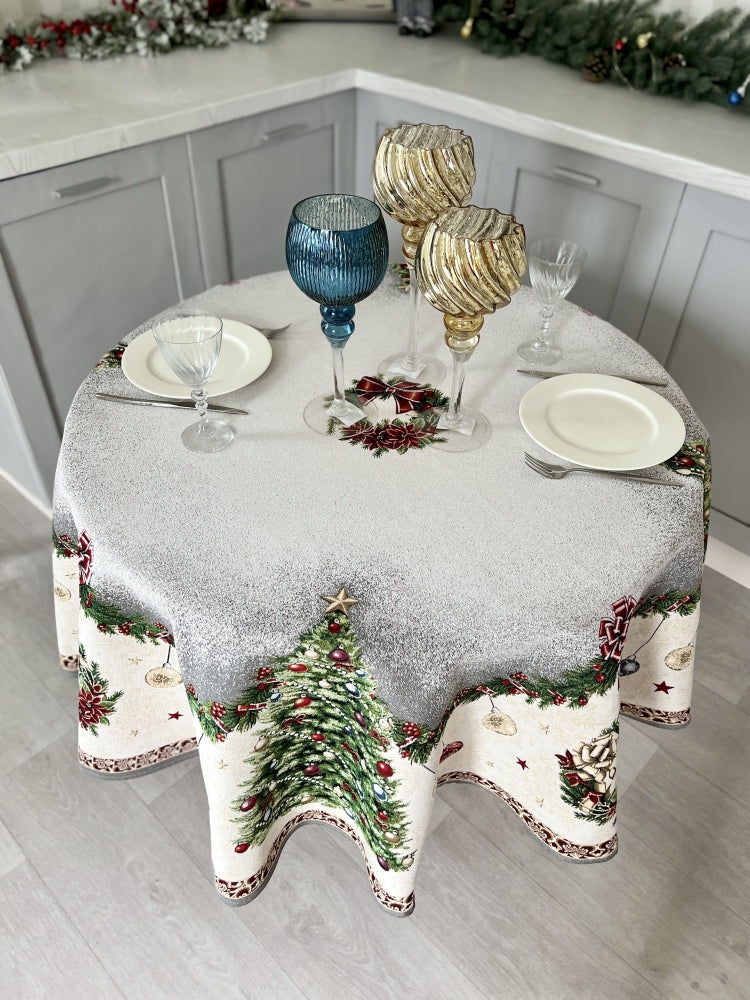 Round Christmas tapestry tablecloth «Christmas tree» With microfibre