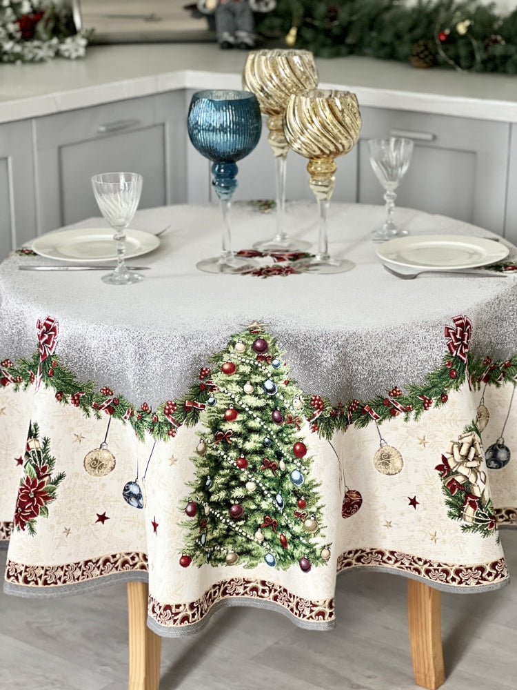 Round Christmas tapestry tablecloth «Christmas tree» With microfibre