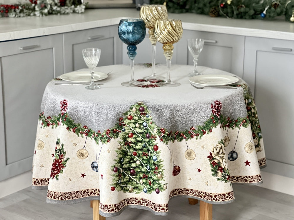 Round Christmas tapestry tablecloth «Christmas tree» With microfibre