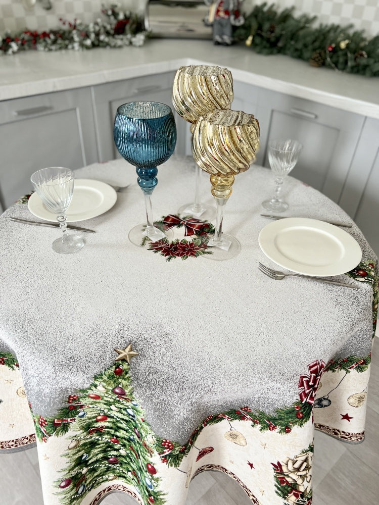 Round Christmas tapestry tablecloth «Christmas tree» With microfibre