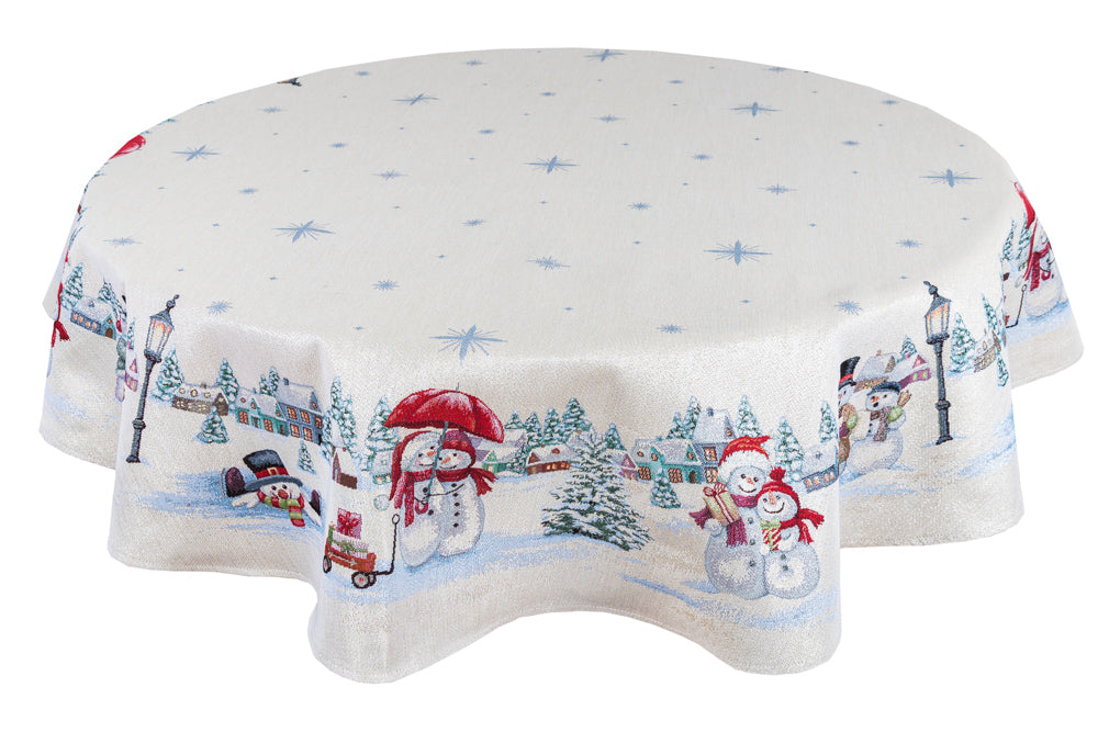 Round Christmas tapestry tablecloth «Snow family» with silver thread