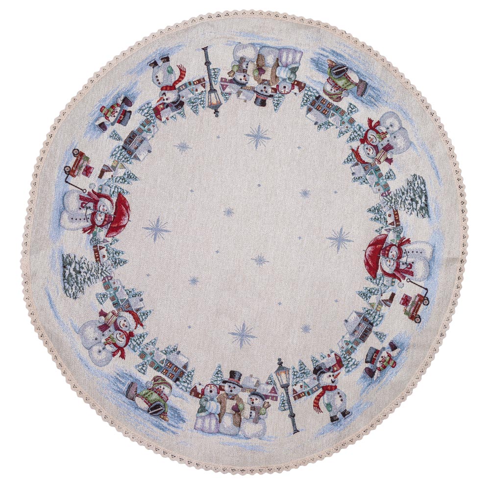 Round Christmas tapestry tablecloth «Snow family» with silver thread