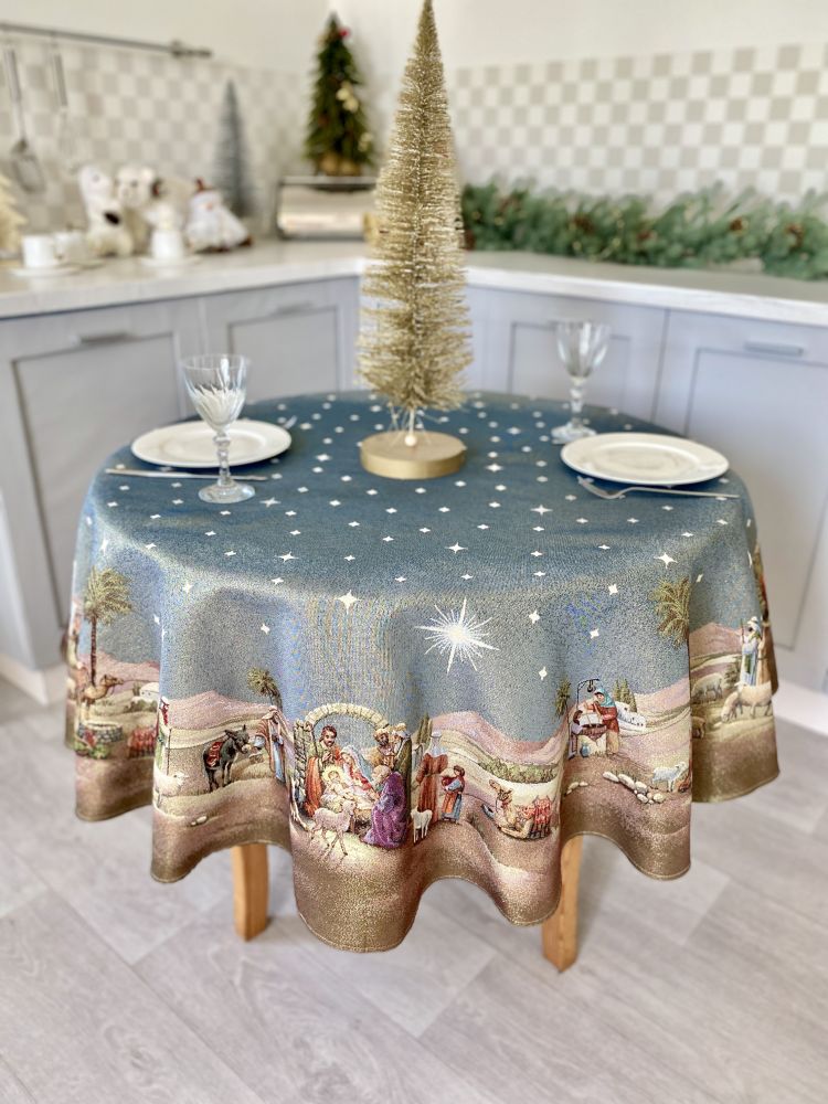 Round Christmas tablecloth «Nativity scene» with golden thread