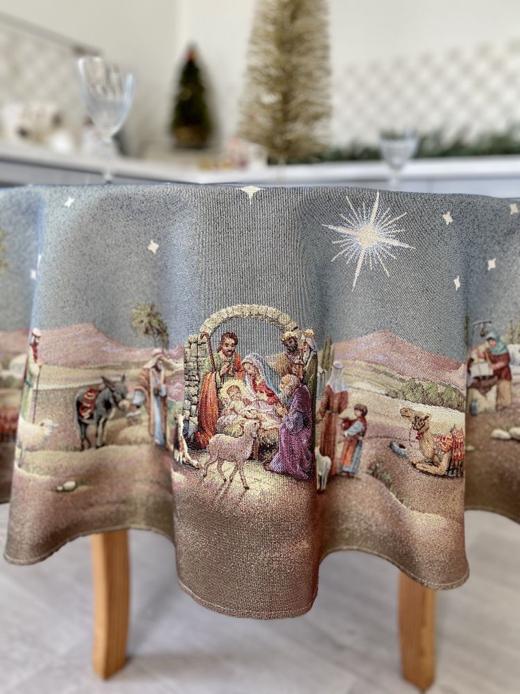 Round Christmas tablecloth «Nativity scene» with golden thread