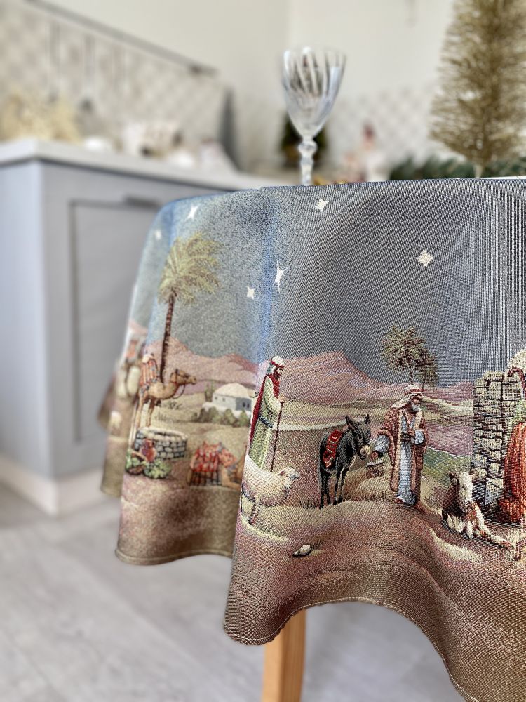 Round Christmas tablecloth «Nativity scene» with golden thread