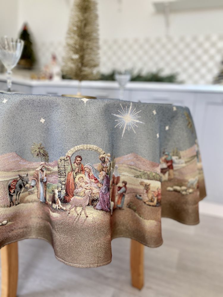 Round Christmas tablecloth «Nativity scene» with golden thread