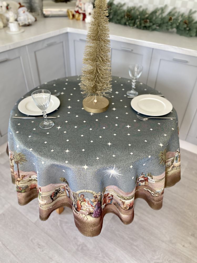 Round Christmas tablecloth «Nativity scene» with golden thread