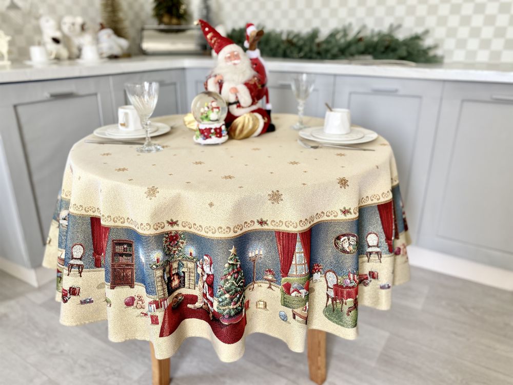 Round Christmas tapestry tablecloth «Letter for Santa» with golden thread