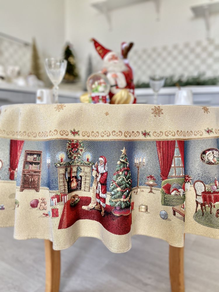 Round Christmas tapestry tablecloth «Letter for Santa» with golden thread
