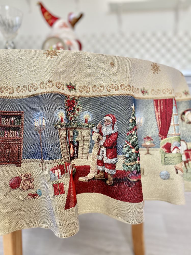 Round Christmas tapestry tablecloth «Letter for Santa» with golden thread