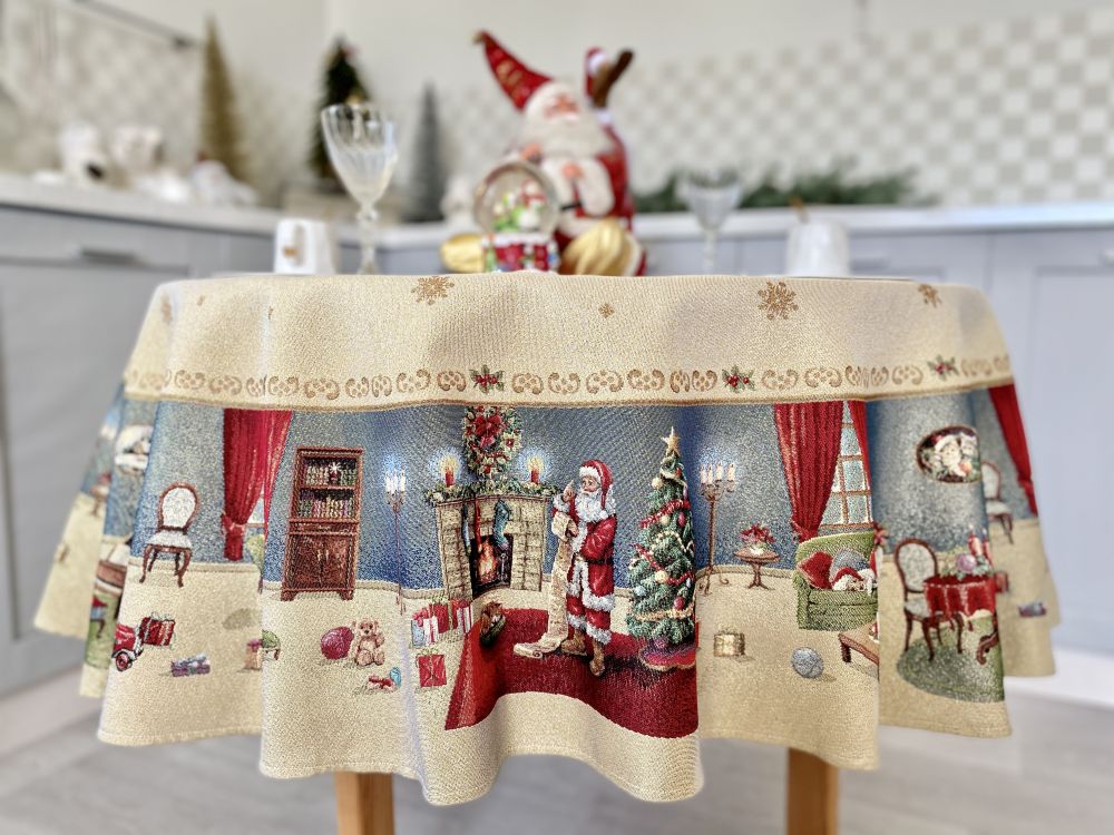 Round Christmas tapestry tablecloth «Letter for Santa» with golden thread