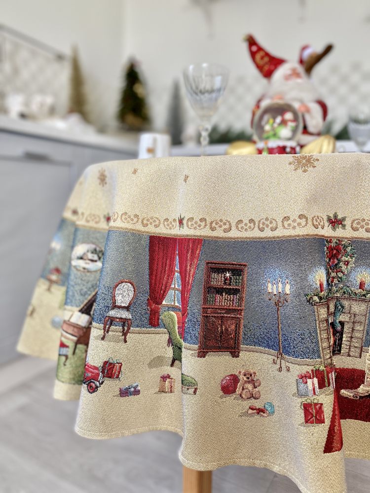 Round Christmas tapestry tablecloth «Letter for Santa» with golden thread