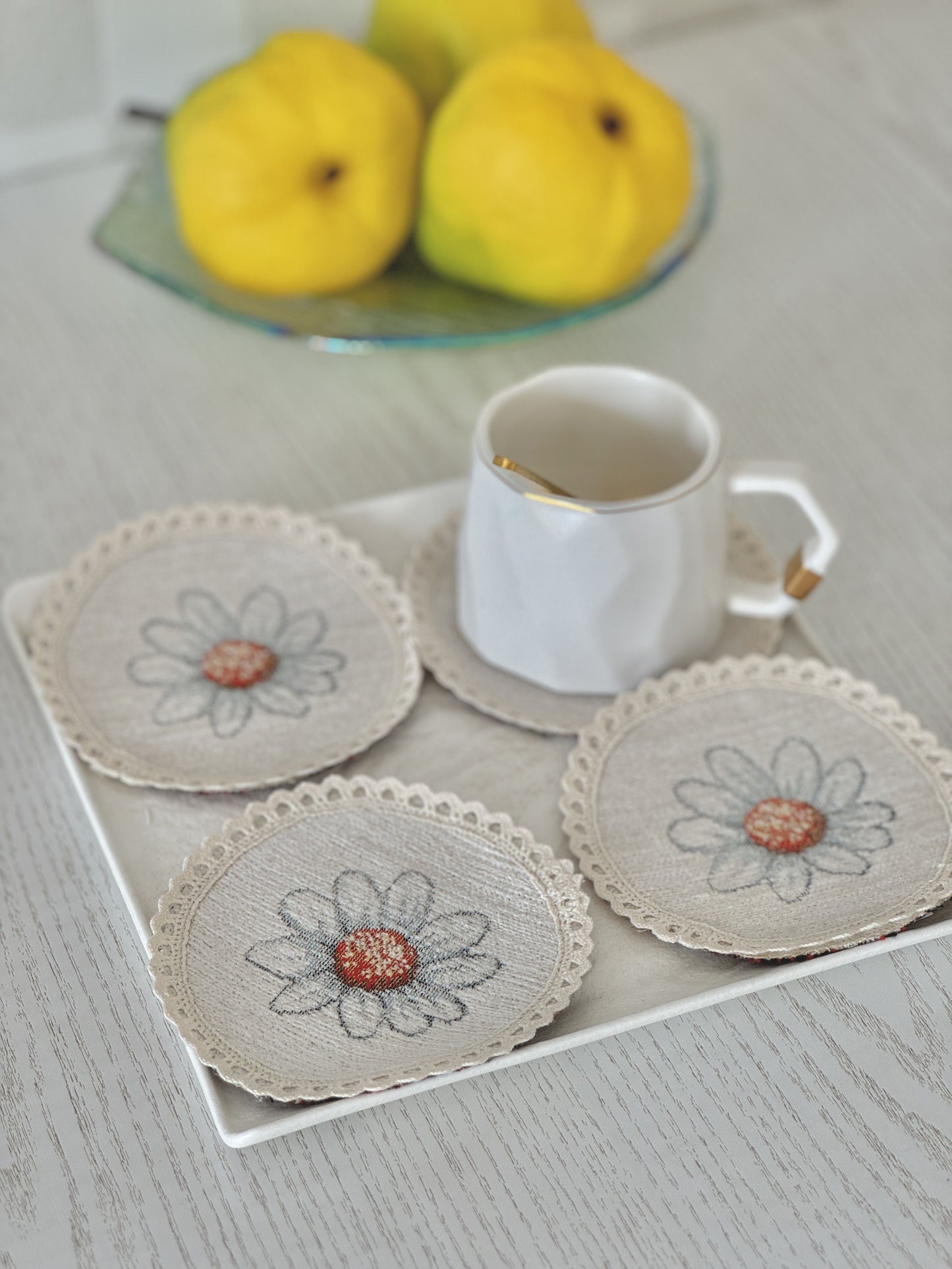 Easter tapestry coasters set of 6 «Bunny in daisies» with microfibre