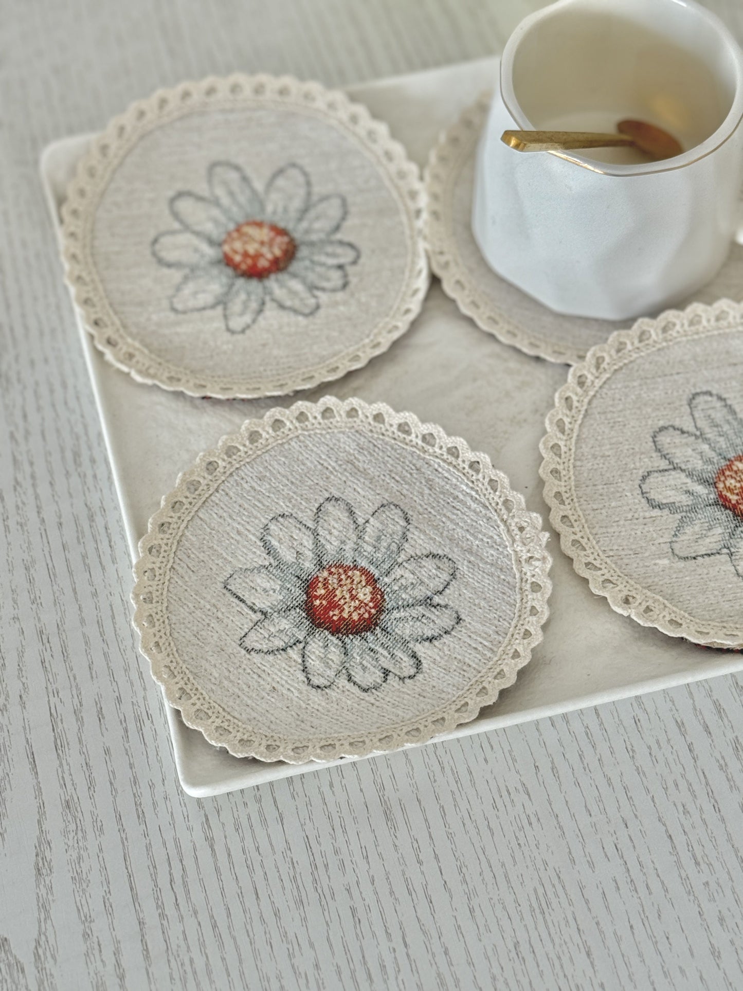 Easter tapestry coasters set of 6 «Bunny in daisies» with microfibre