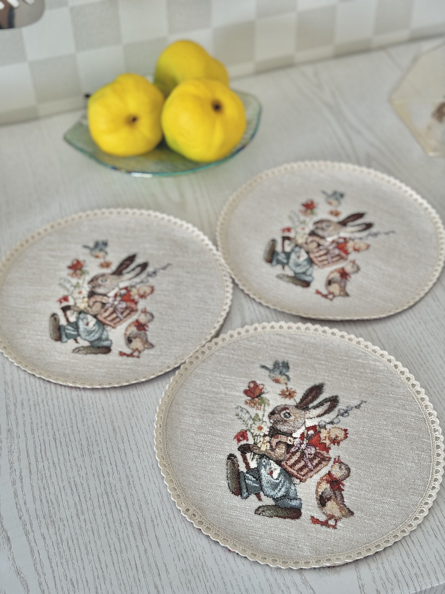 Easter tapestry coasters set of 6 «Bunny in daisies» with microfibre