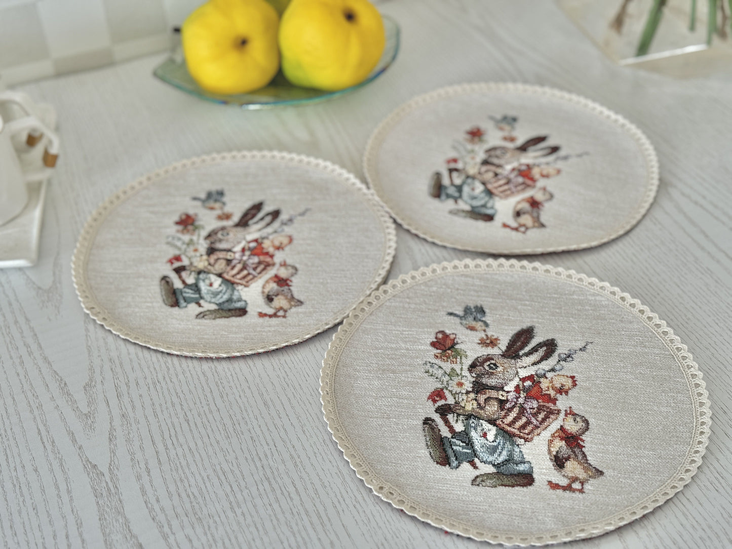 Easter tapestry coasters set of 6 «Bunny in daisies» with microfibre