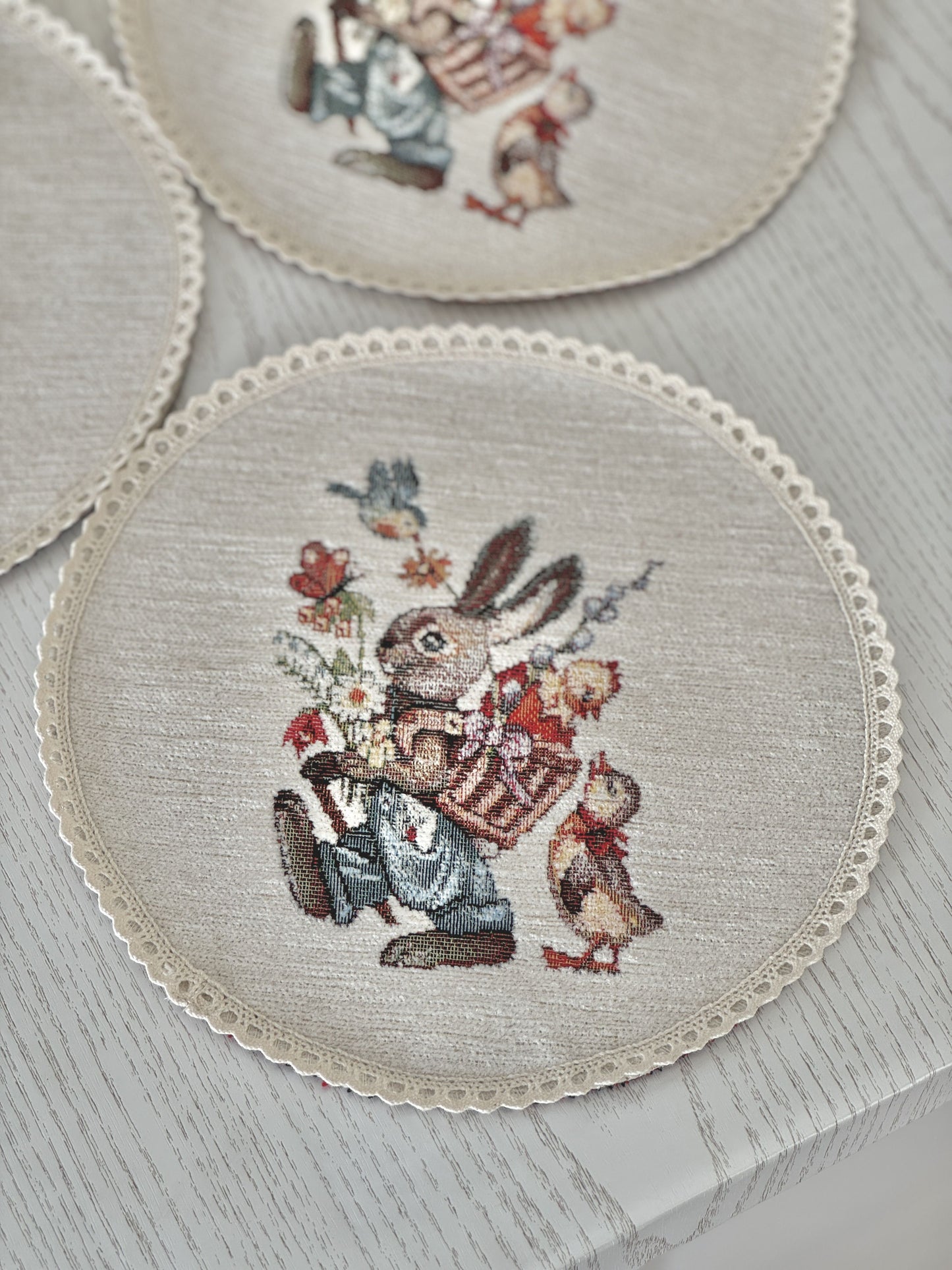 Easter tapestry coasters set of 6 «Bunny in daisies» with microfibre