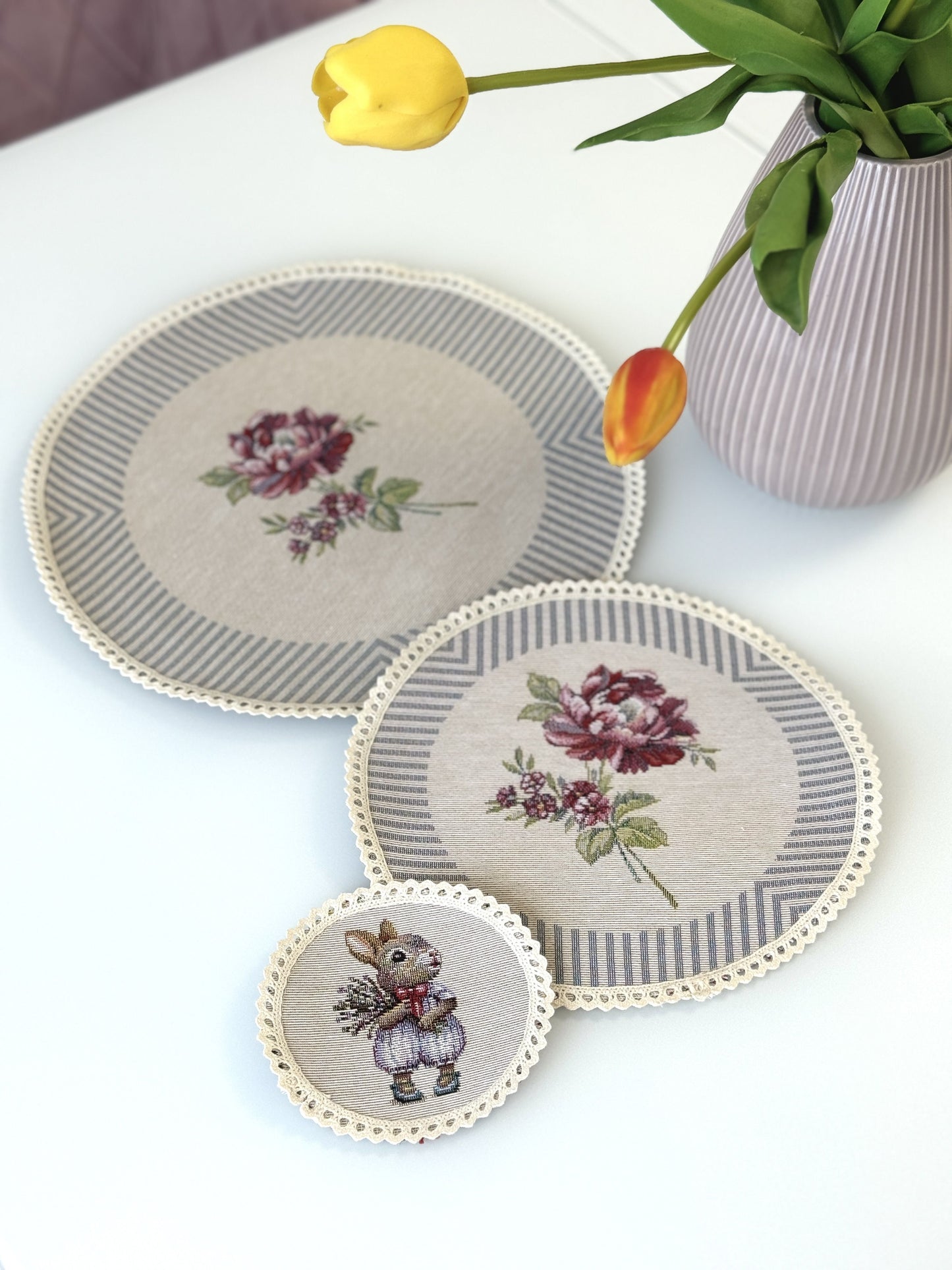 Easter tapestry coasters set of 6 «Bunny in Roses»