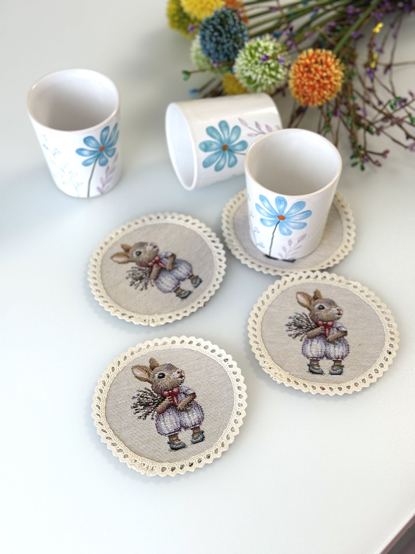 Easter tapestry coasters set of 6 «Bunny in Roses»