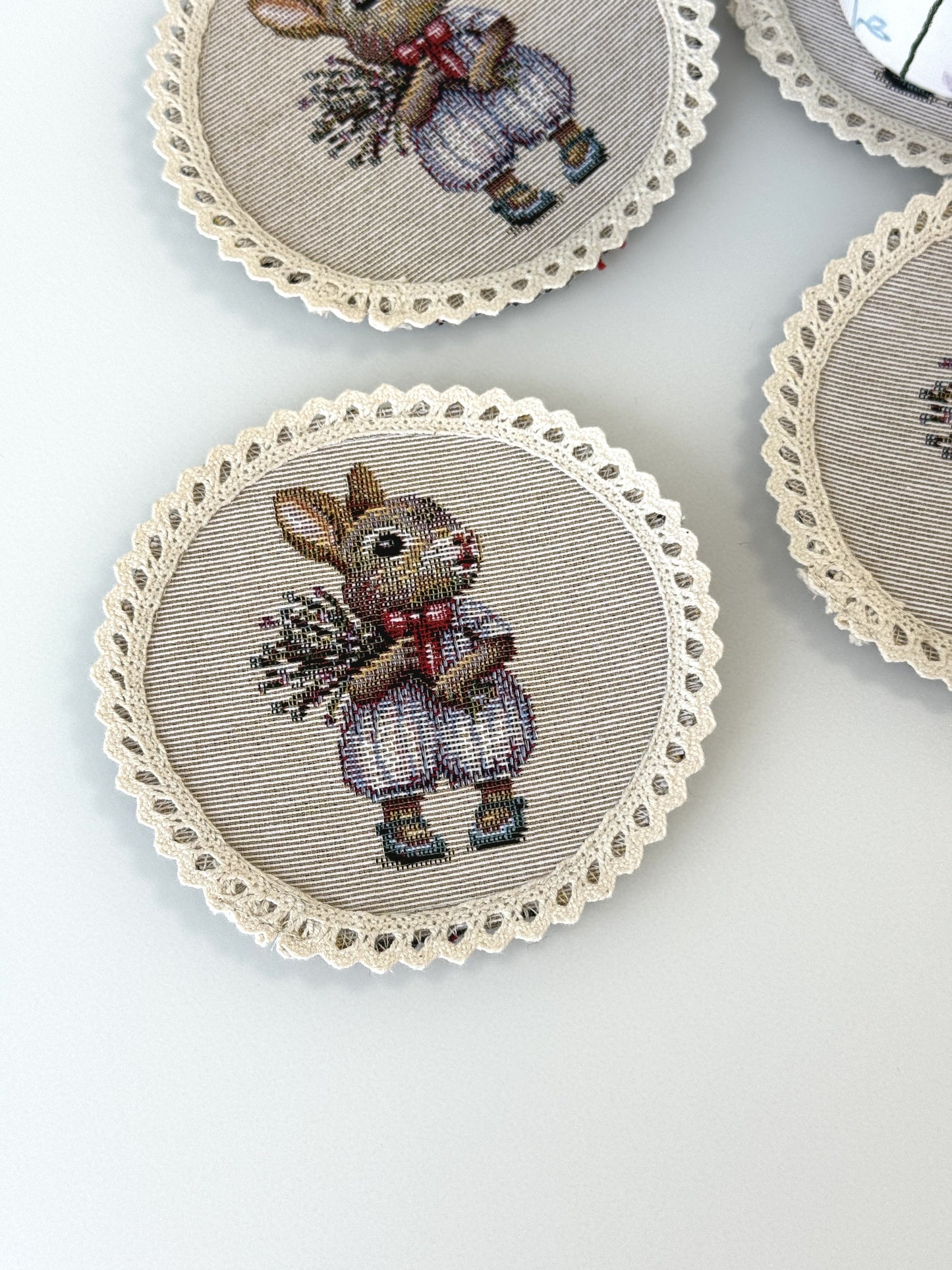 Easter tapestry coasters set of 6 «Bunny in Roses»