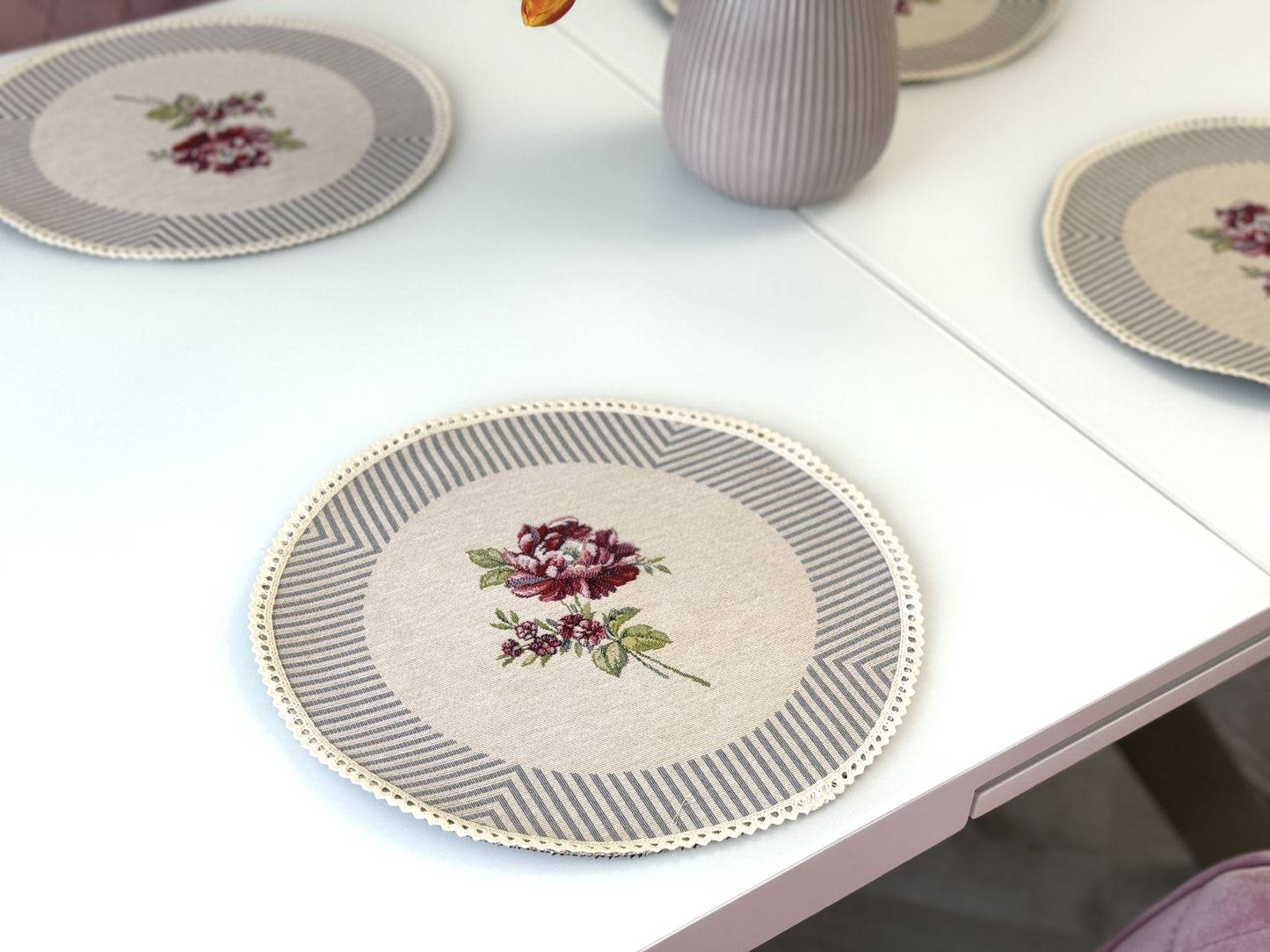 Easter tapestry coasters set of 6 «Bunny in Roses»