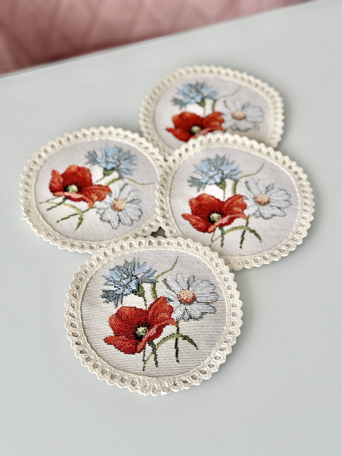 Tapestry coasters set of 6 «Poppies and daisies»