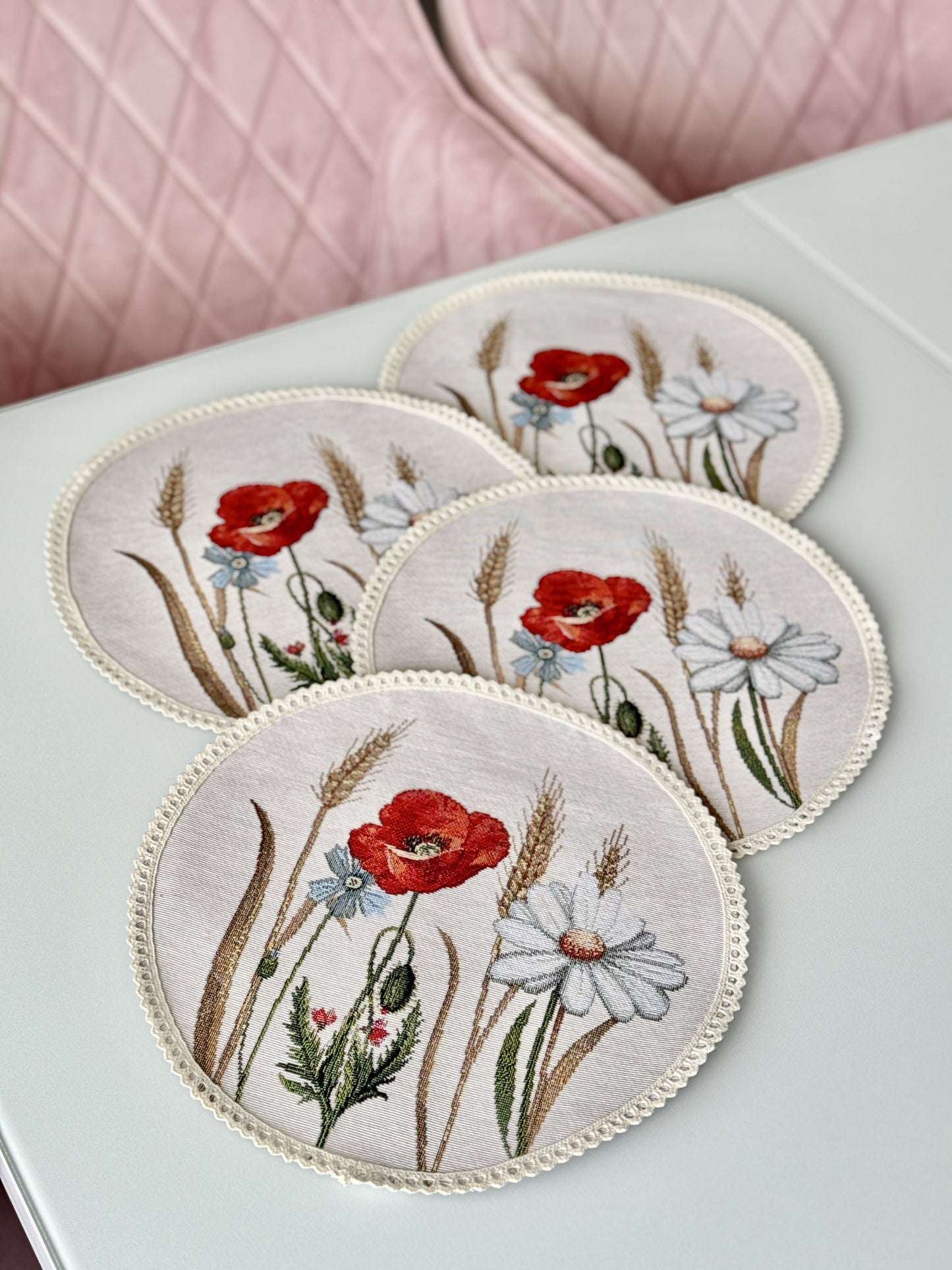 Tapestry coasters set of 6 «Poppies and daisies»