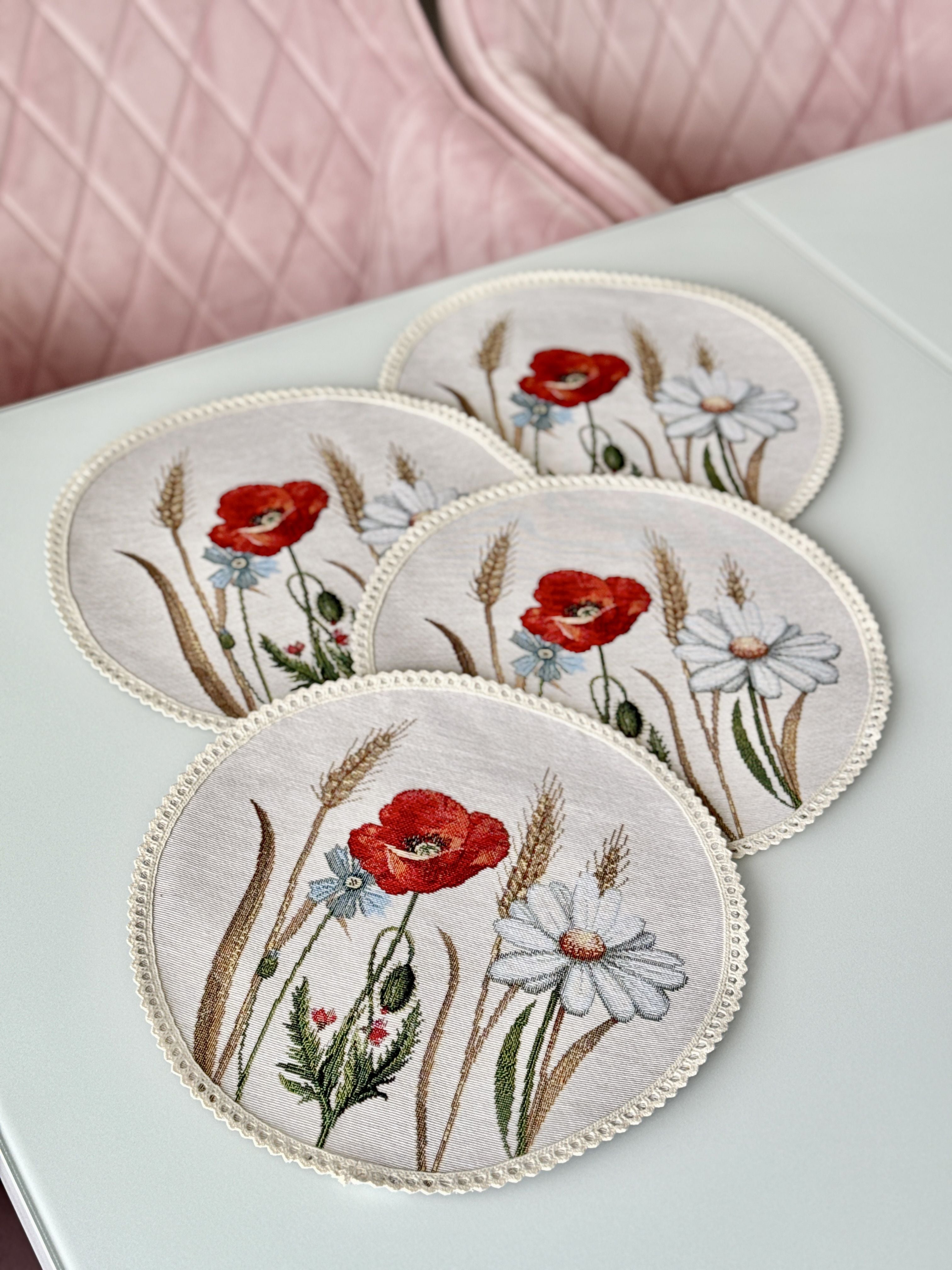 Tapestry coasters set of 6 «Poppies and daisies» Limaso Textile