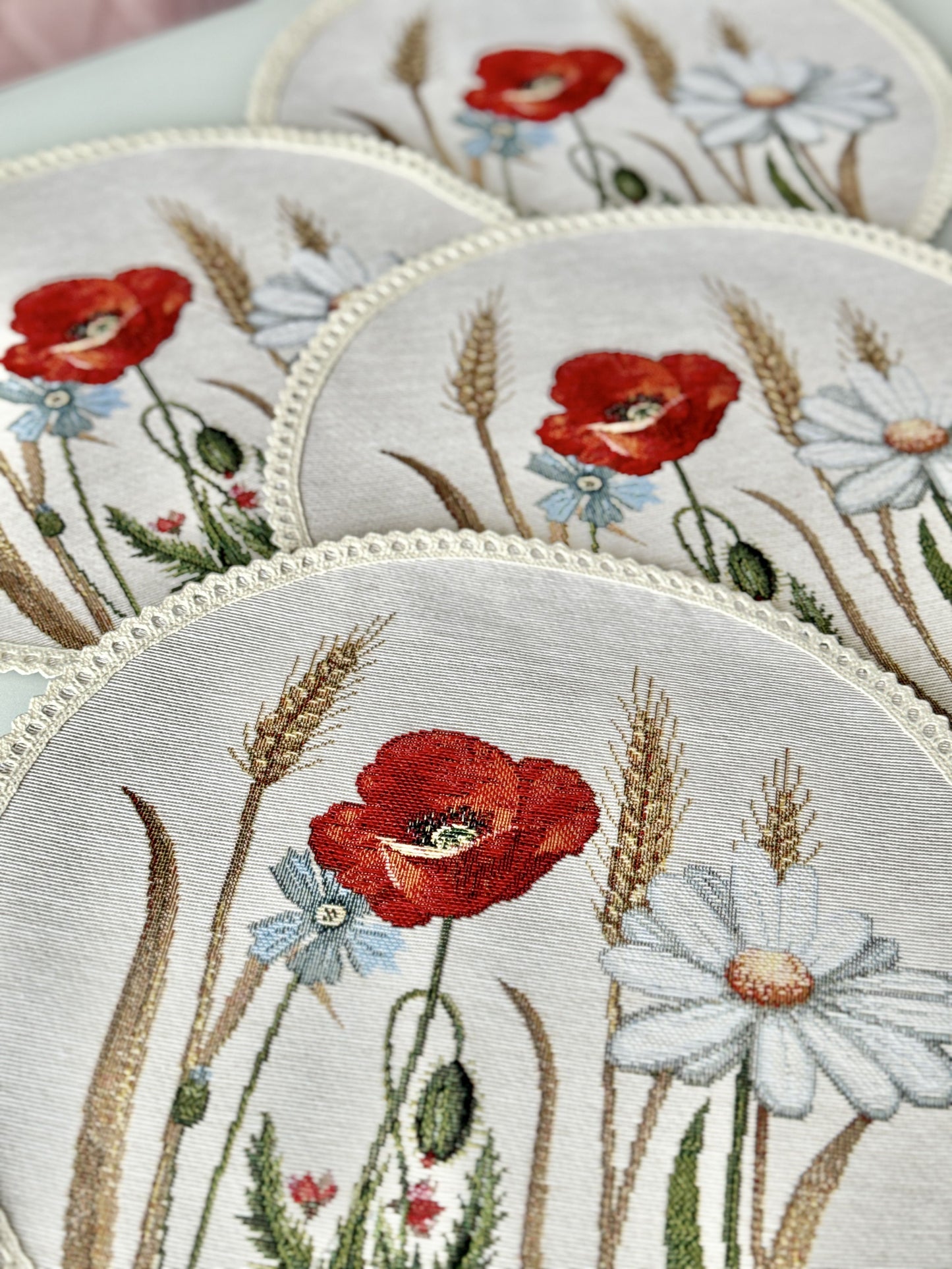 Tapestry coasters set of 6 «Poppies and daisies»