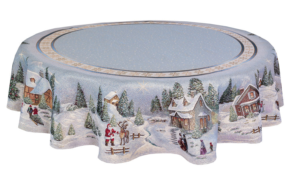 Round Christmas tapestry tablecloth «Christmas in Highlands» with golden thread