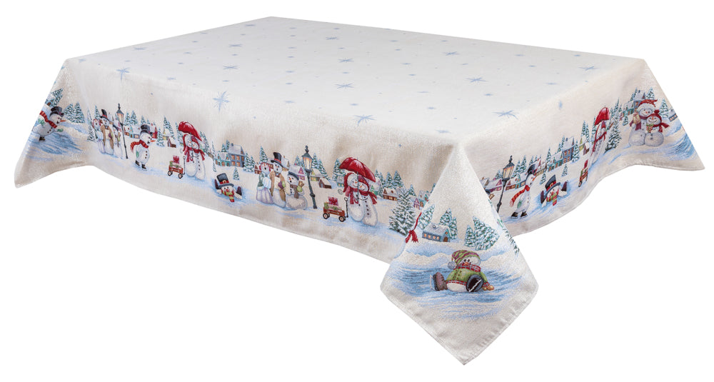 Christmas tapestry tablecloth «Snow family» with silver thread