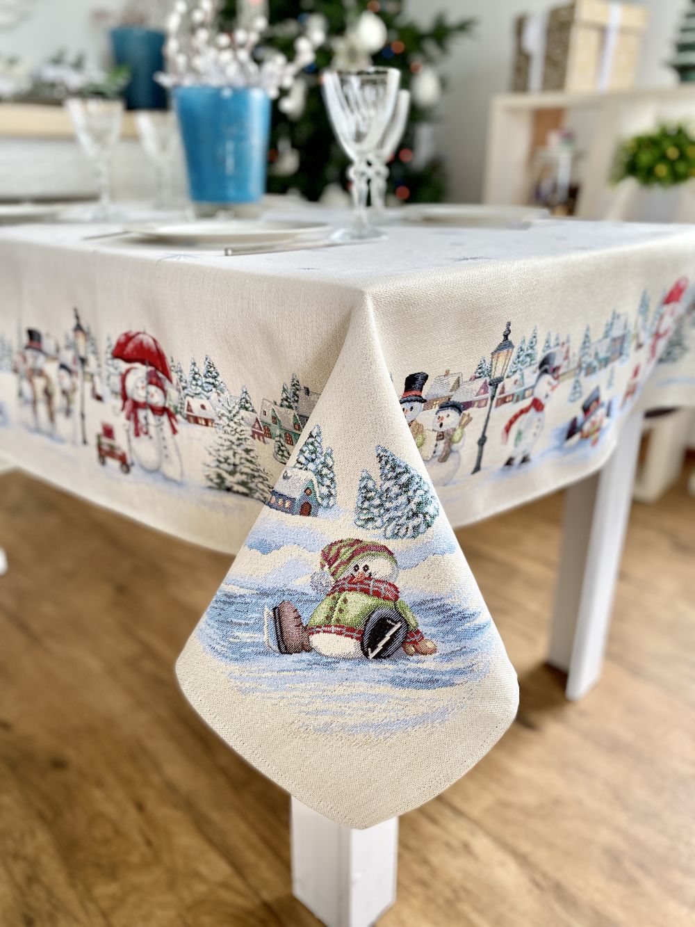 Christmas tapestry tablecloth «Snow family» with silver thread