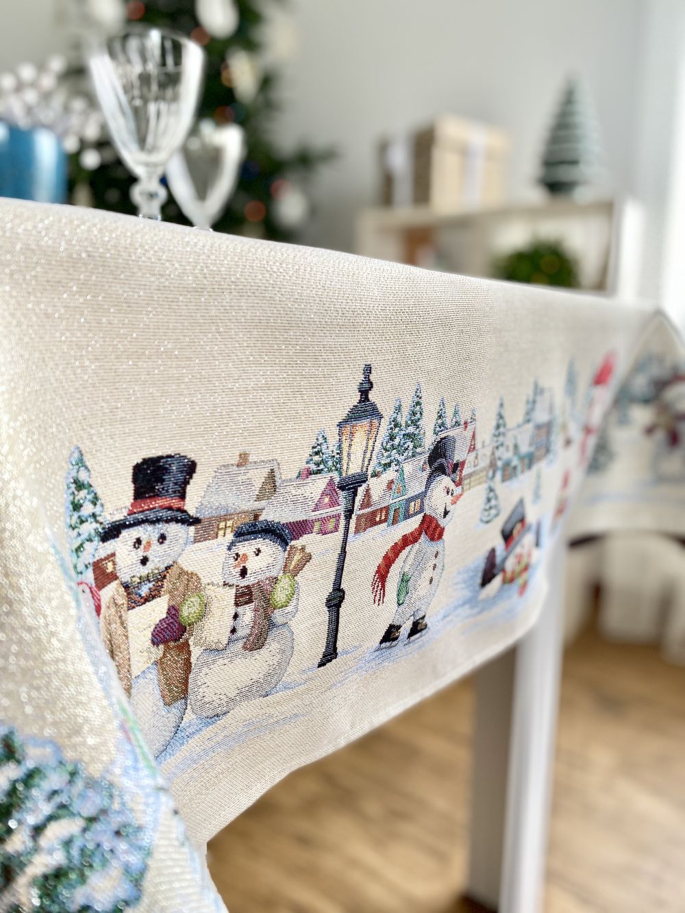 Christmas tapestry tablecloth «Snow family» with silver thread