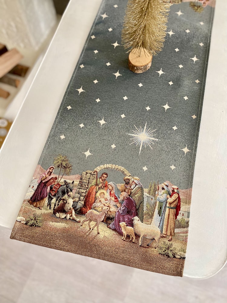 Christmas Tapestry Table runner «Nativity scene» with golden thread Limaso Textile