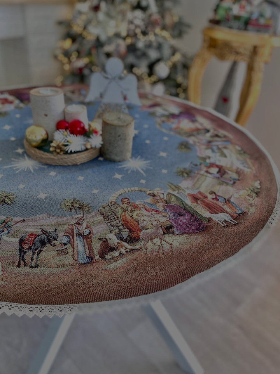 Round Christmas tablecloth «Nativity scene» with golden thread