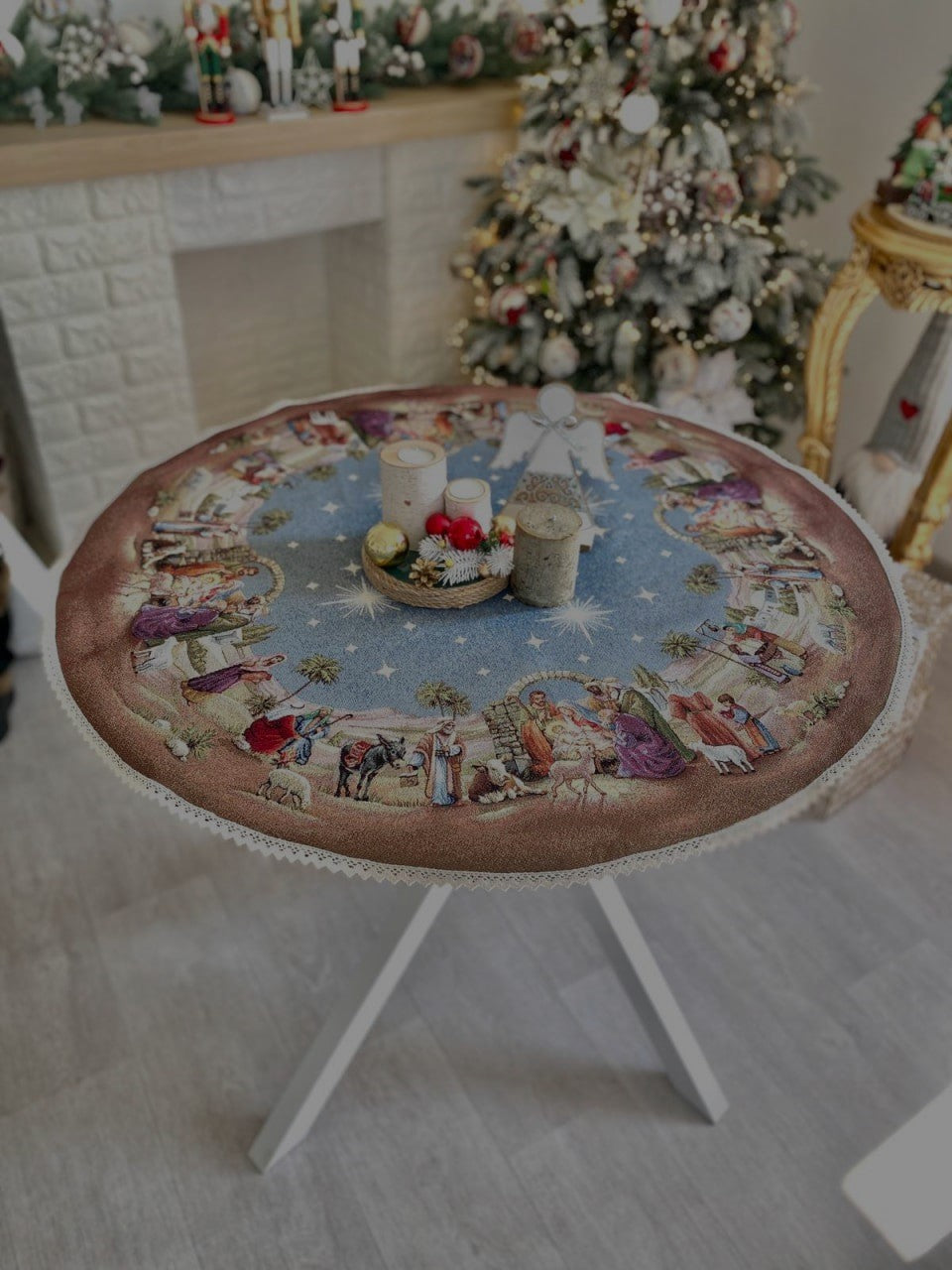 Round Christmas tablecloth «Nativity scene» with golden thread