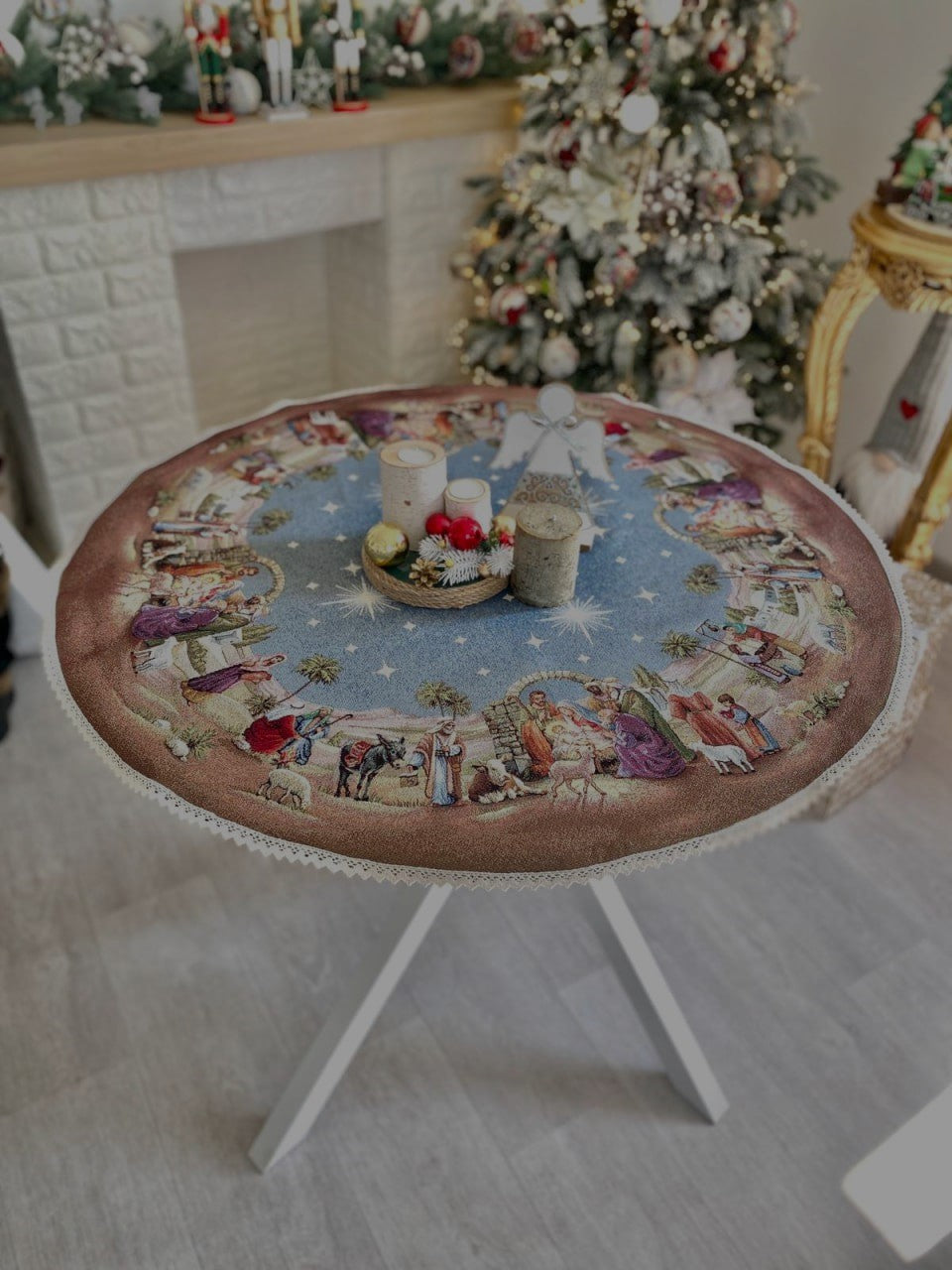 Round Christmas tablecloth «Nativity scene» with golden thread