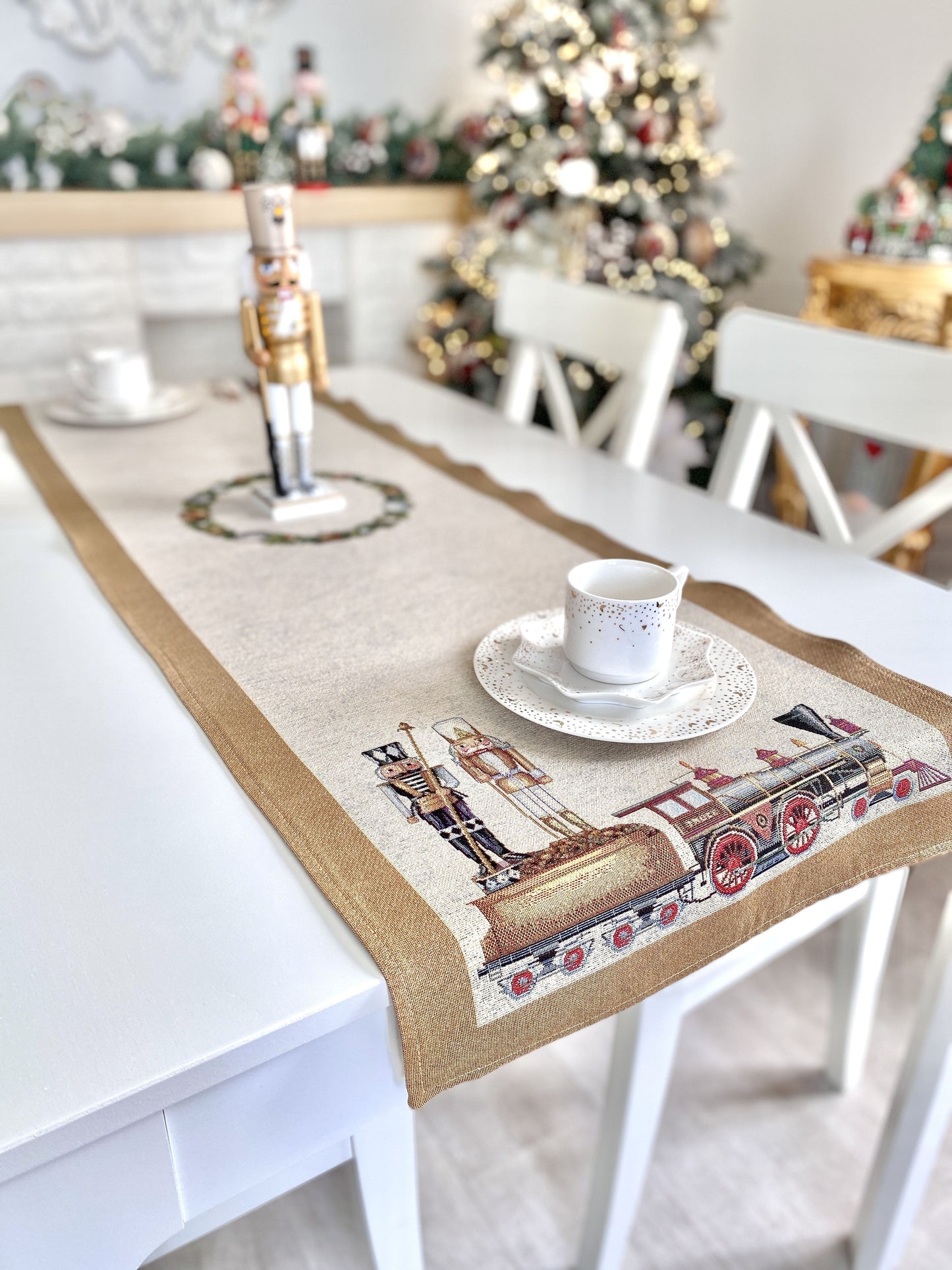 Christmas Tapestry Table runner «Gold Nutcracker» with golden thread Limaso Textile