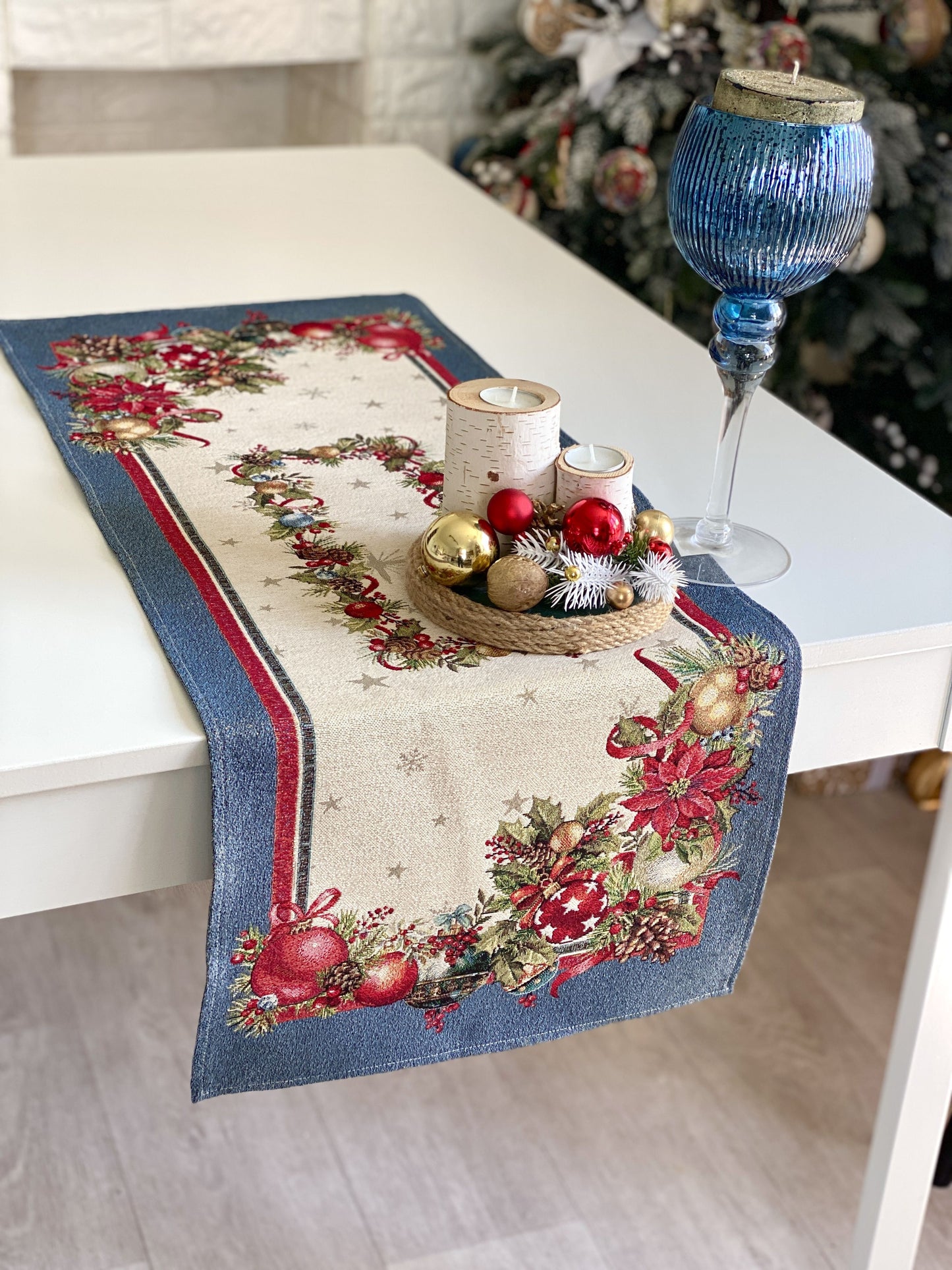 Christmas Table Runner «Christmas Glow» with Golden Lurex - Luxury Tapestry