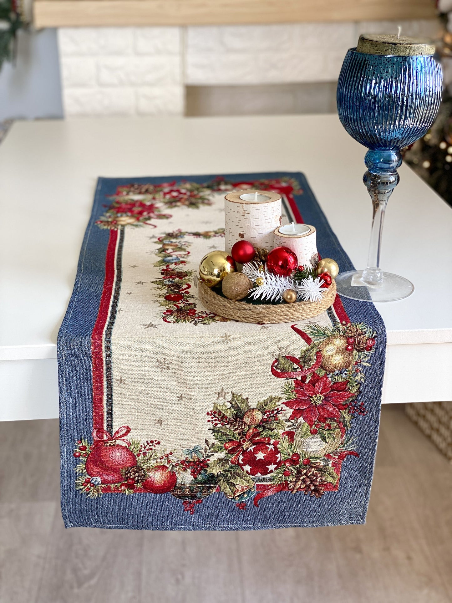Christmas Table Runner «Christmas Glow» with Golden Lurex - Luxury Tapestry