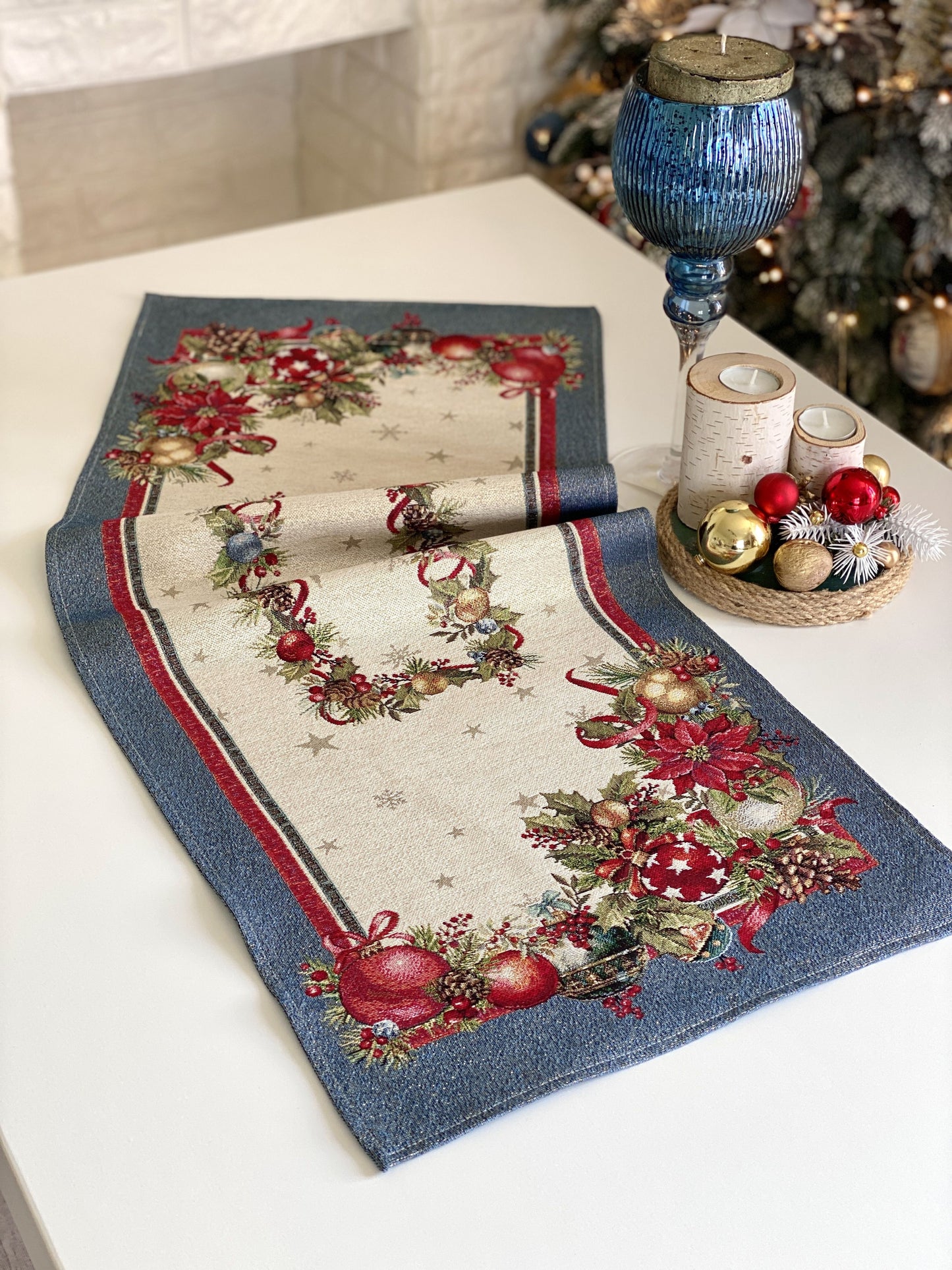 Christmas Table Runner «Christmas Glow» with Golden Lurex - Luxury Tapestry
