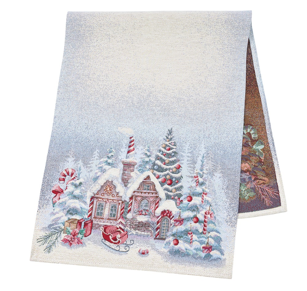 Christmas Table Runner «Sweet Gingerbread Nights» with Silver Lurex - Premium Gobelin