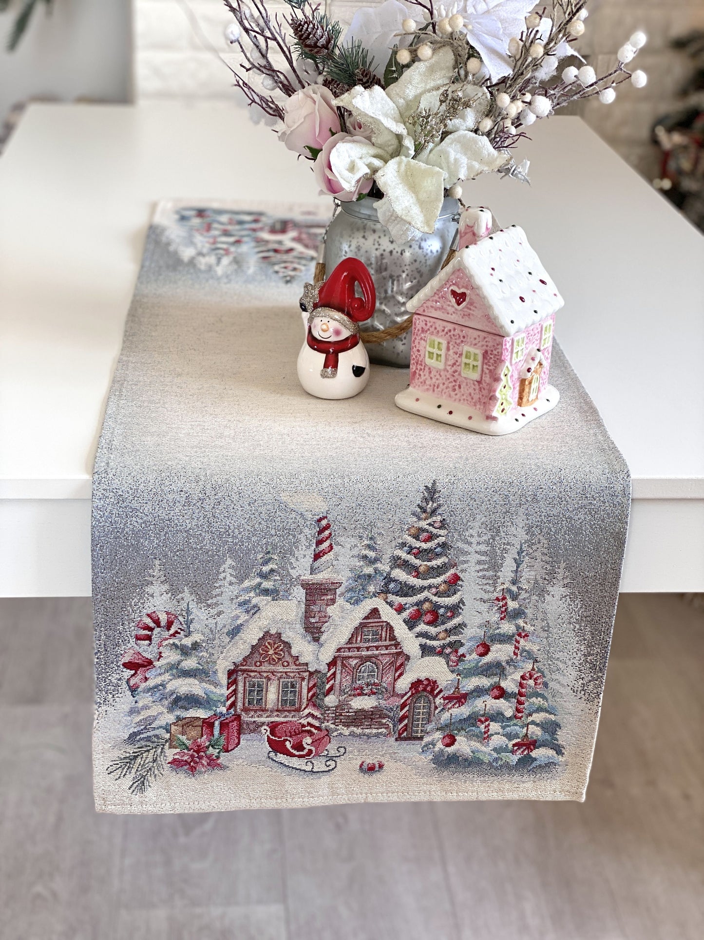 Christmas Table Runner «Sweet Gingerbread Nights» with Silver Lurex - Premium Gobelin