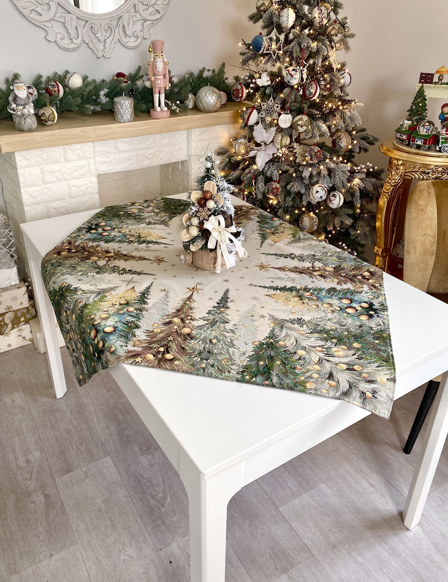 Christmas Tablecloth «Evergreen Magic» with Golden Lurex - Luxury Tapestry